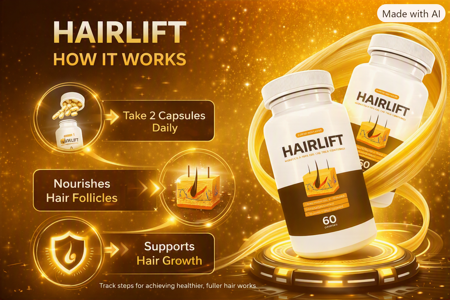 How HairLift works: take 2 capsules daily, nourishes hair follicles, supports hair growth